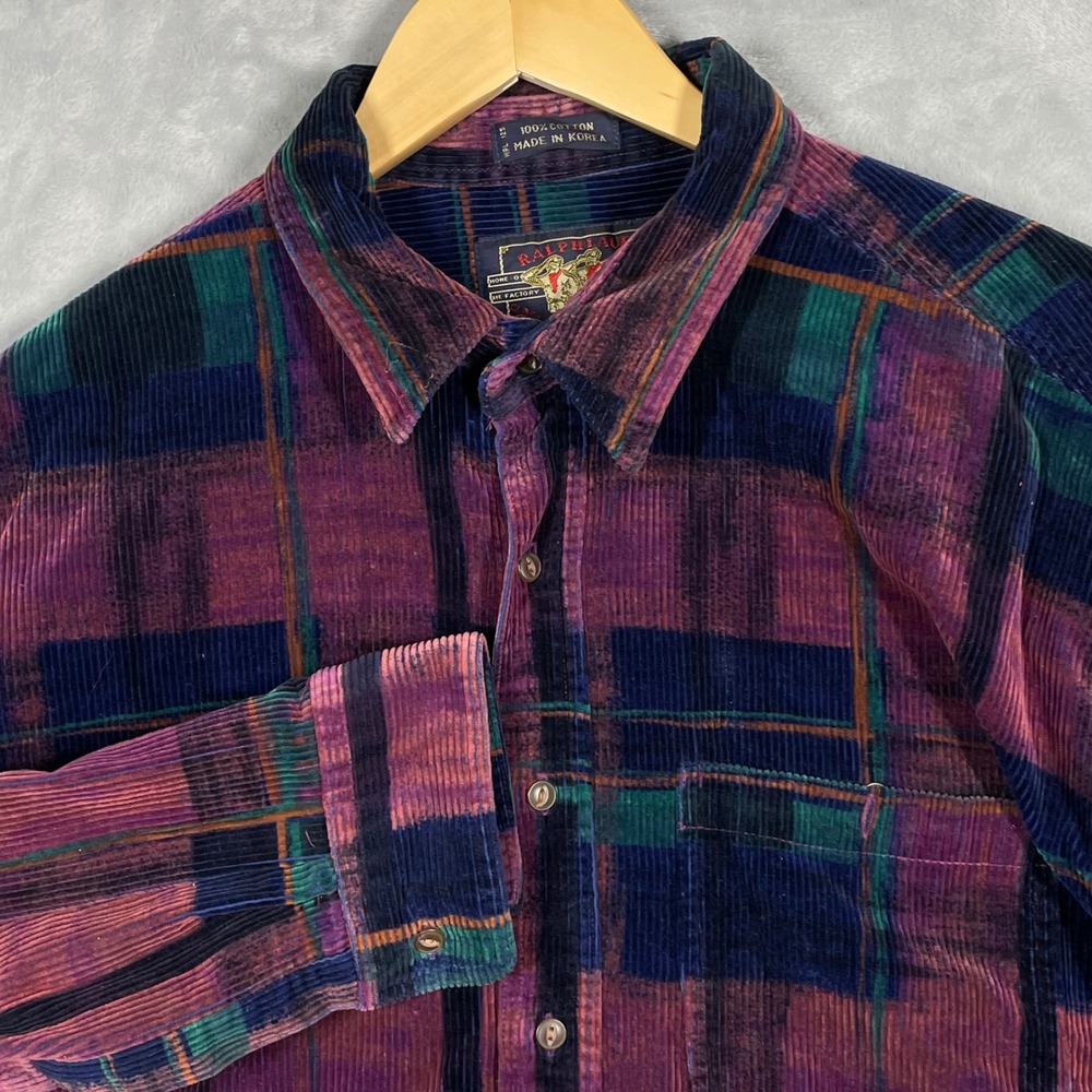 Vintage Chaps Ralph Lauren Corduroy Plaid Shirt Mens XL Purple Blue Green